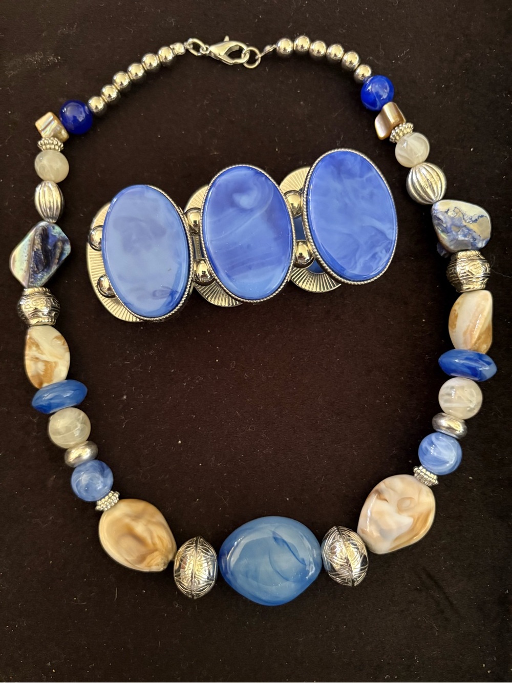 Blue & Beige Beaded Statement Necklace with Silver Accents & Stretchy Bracelet